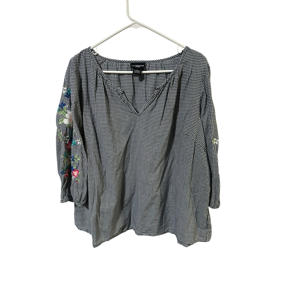 Liz Claiborne Top Womens 0X Gingham Floral Embroidered 3/4 Sleeve Boho‎ Cottage